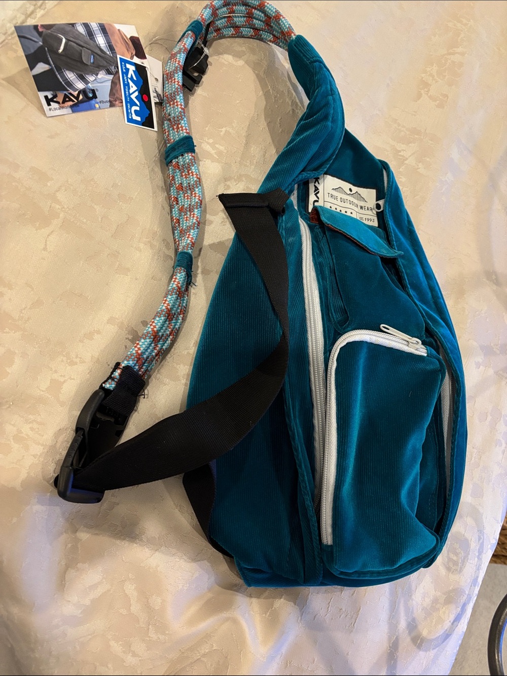 Kavu Teal Corduroy Sling Bag with Patterned Rope Strap